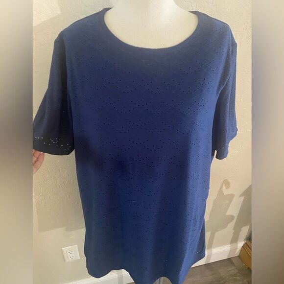 New Denim & Co Eyelet Crew Short Sleeve Top sz XL - Picture 2 of 7